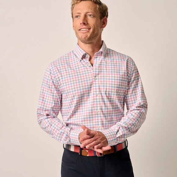 johnnie-O Performance Button Up Shirt Hauser Navy Long Sleeve Pink Blue NWT - Picture 2 of 10